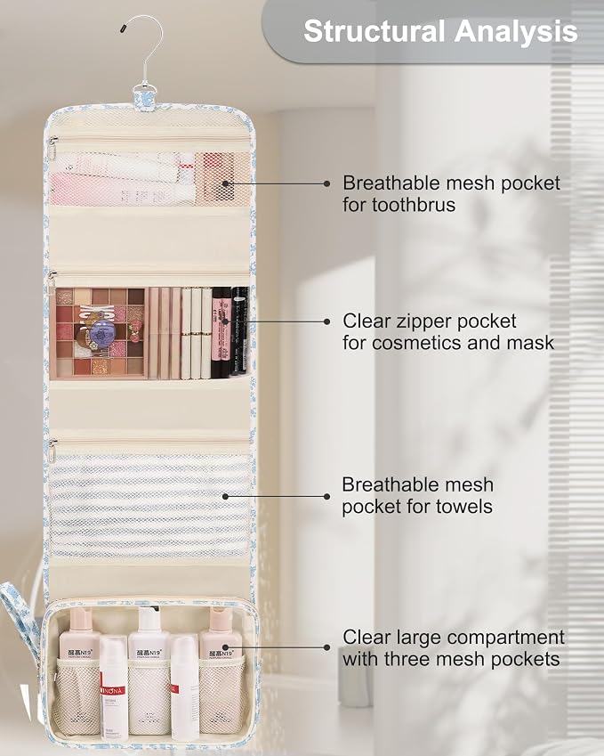 Relavel Hanging Toiletry Bag, Travel Toiletries Bag with Hanging Hook | Water Resistant Makeup Cosmetic Organizer for Full Sized Container, Shampoo, Portable Wash Bag for Travel Size Essentials - Image 8