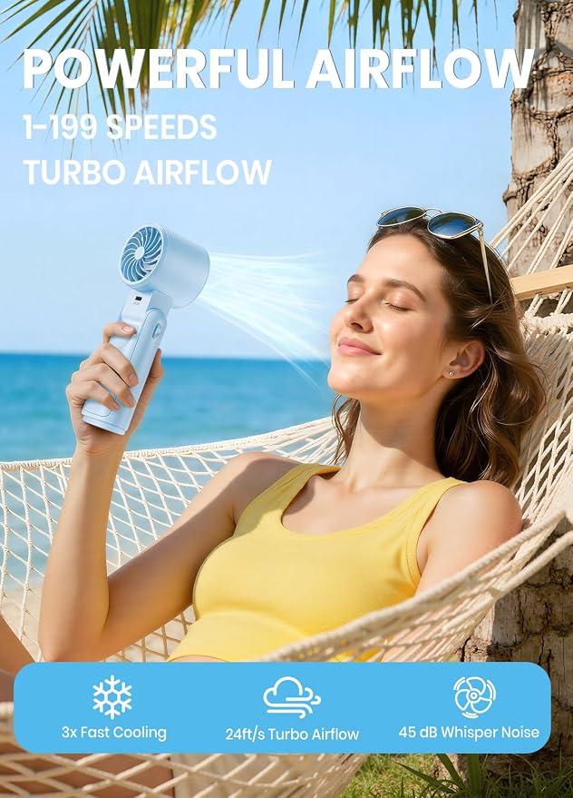 Portable Handheld Turbo Fan, 1-199 Speed Adjustable, Blue | 4 IN 1 Pocket Design with LED Display, High-Power Motor, Rechargeable Battery, Mini Fans for Indoor/Outdoor/Travel/Work - Image 2