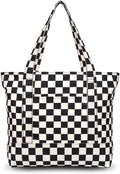 TOPDesign 1-Pack Canvas Tote Bag with an External Pocket, Reusable Grocery Shopping Bag, Top Zipper Closure, Daily Essentials (Checkerboard) by TOPDesign