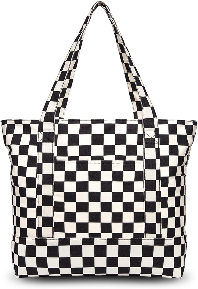 TOPDesign 1-Pack Canvas Tote Bag with an External Pocket, Reusable Grocery Shopping Bag, Top Zipper Closure, Daily Essentials (Checkerboard) by TOPDesign