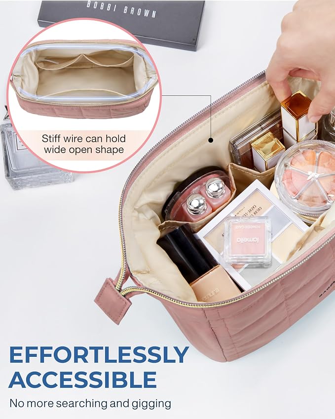 BAGSMART Makeup Bag Travel Toiletry Bag, Wide-open Zipper Pouch, Dark Pink | Puffy Padded, Travel Essentials, Make Up Bag, For Women, Makeup Organizer, Toiletries Accessories Brushes - Image 5