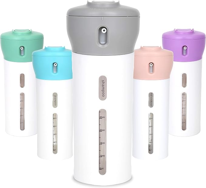 Travigo 4-in-1 Travel Dispenser Bottle, TSA Approved, Leak Proof, Four Reusable 1.4 oz. (40 mL) Toiletry Containers for Shampoo, Conditioner, Soap, Lotion, Skincare (Gray) by Travigo