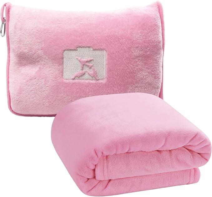 Travel Blanket and Pillow, Ultra-Soft, Compact & Lightweight, 60x50 in, Airplane Travel Essentials with Hand Luggage Sleeve and Backpack Clip, for Travel & Picnic (Pink) by Unknown