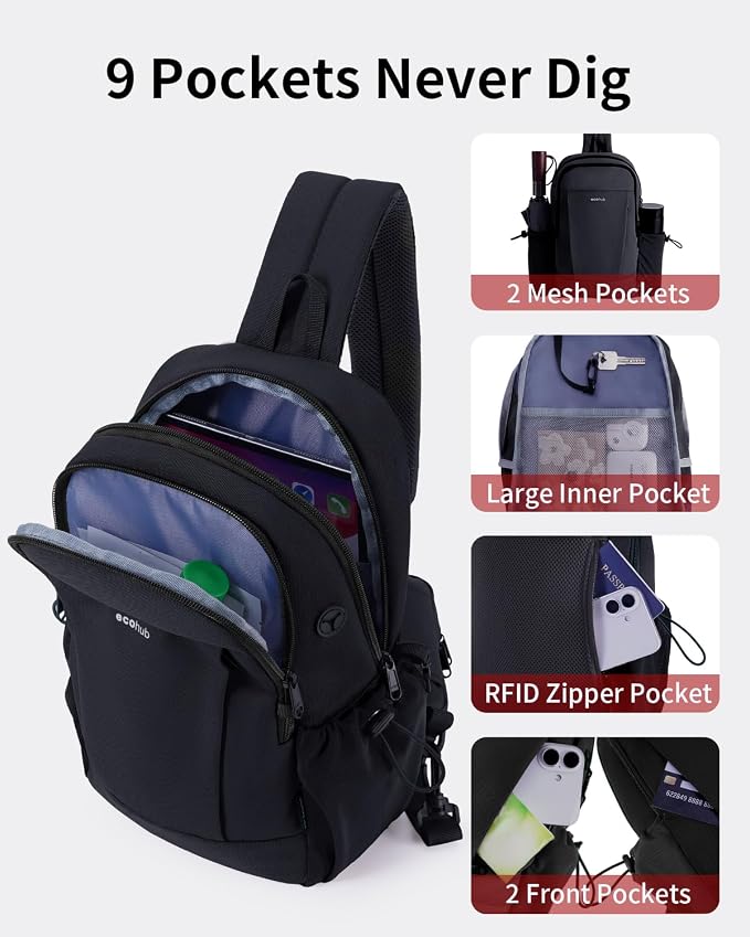 ECOHUB Anti-Theft Crossbody Bag Men Women RFID Blocking Lightweight Sling Backpack Water Resistant for Travel Hiking Outdoor - Image 6