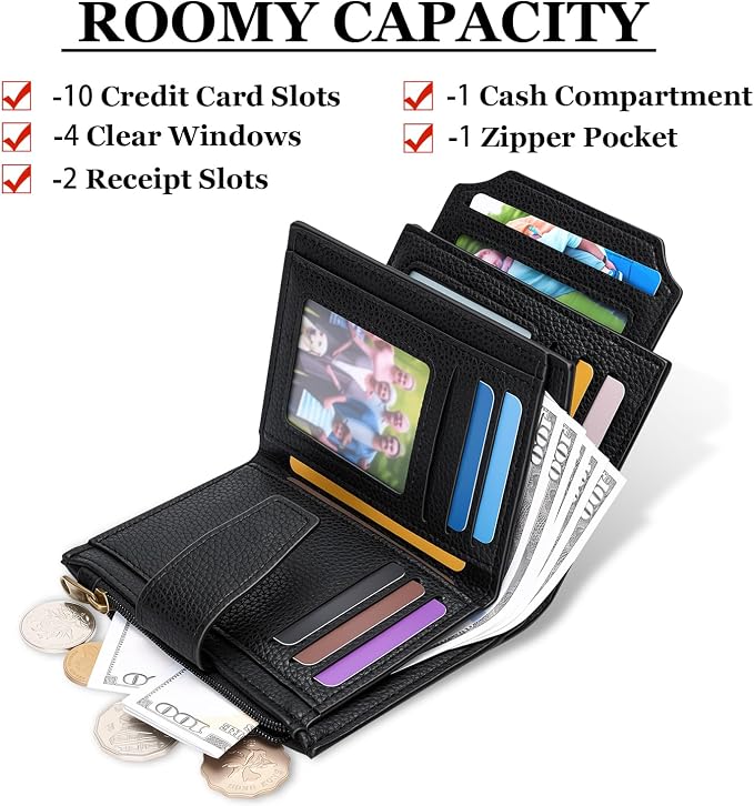 Small Wallet Women RFID Blocking Soft Leather Bifold Compact Card Holder Wallet for Women with Zipper Coin Pocket 4 ID Window - Image 2