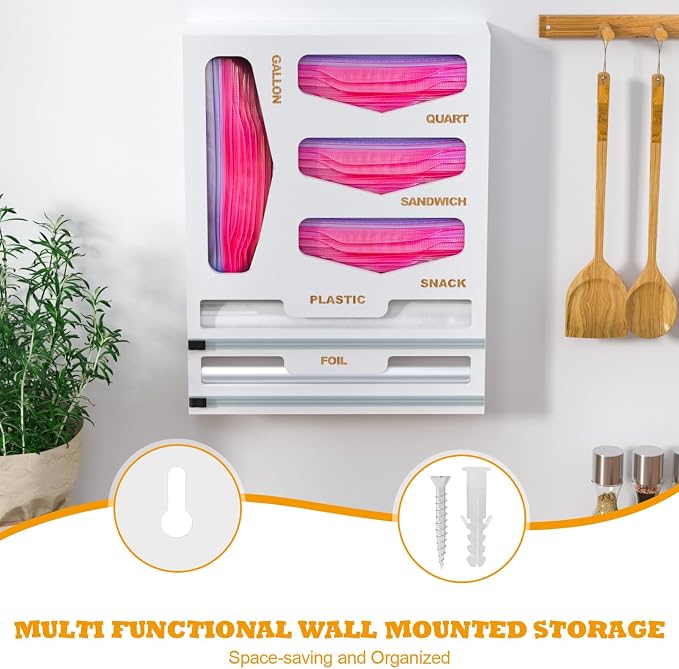 DALSHABET Bamboo Bag Organizer with Magnetic Closure, 6 In 1 Kitchen Drawer Foil and Plastic Wrap Dispenser with Cutter, Storage bag for Gallon, Quart, Sandwich, Snack White - Image 5