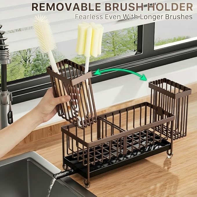 Cisily Brown Sponge Holder for Kitchen Sink, Sink Caddy Organizer with High Brush Holder, Kitchen Countertop Organizers and Storage Essentials, Rustproof 304 Stainless Steel, Soap Dispenser Organize - Image 5