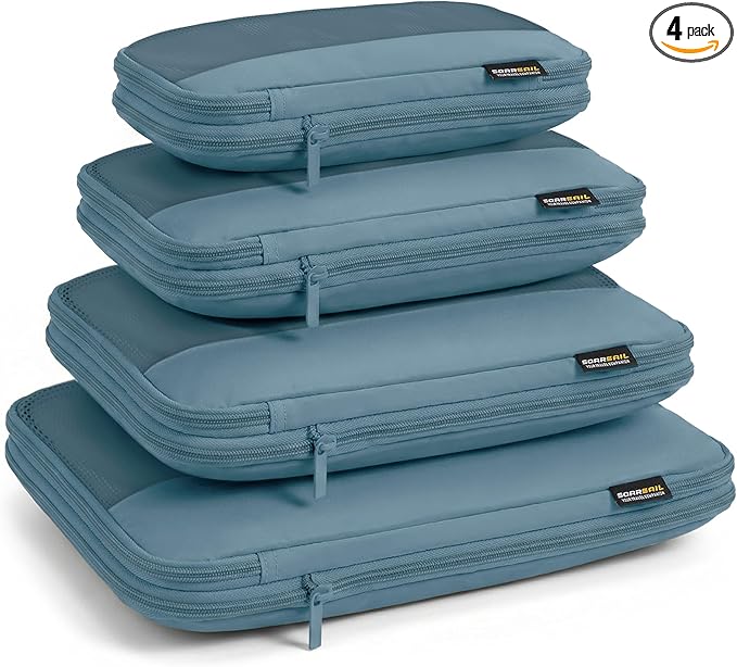 4 Piece Compression Packing Cubes for 3–7 Day Travel, Gray Blue | Wrinkle-Resistant Memory Fabric, Breathable Mesh Panel, Double-Zipper, Small to Large Size Bag, Smart Organization by SOARSAIL