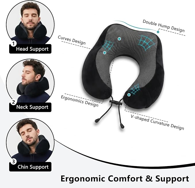 Travel Neck Pillow, 100% Memory Foam, U-Shaped with Storage Box, Black | 100% memory foam with 360-degree support & adjustable buckle. Compact storage box. Machine washable cover. Fits all necks. - Image 5