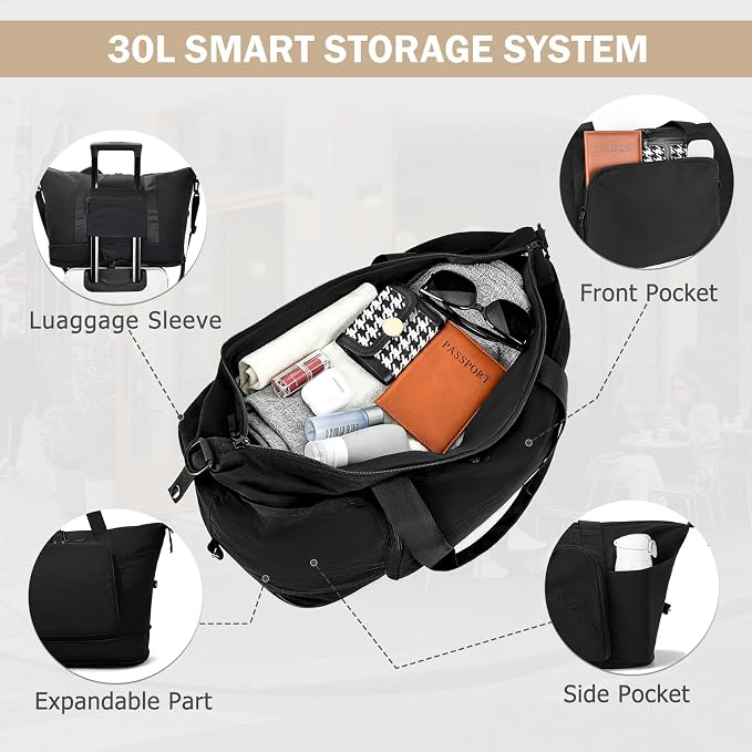 Foldable Travel Bag for Women, Expendable Compact Personal Item Tote Bag | 32L Lightweight Packable Folding Compact Weekender Bag, Nylon Travel Duffel Bag with Luggage Sleeve for Airplane Travel Gym - Image 3