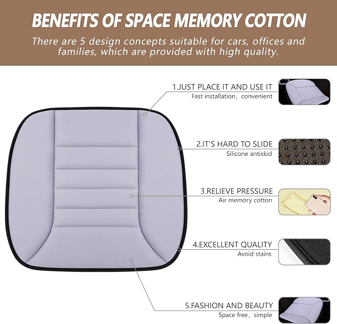 Car Seat Cushion Pad 1.2" Thick Comfort Seat Protector for Car Driver Seat Office Chair Home Use Memory Foam Seat Cushion with Non Slip Bottom, 20'' x 18.5'', Gray - Image 2