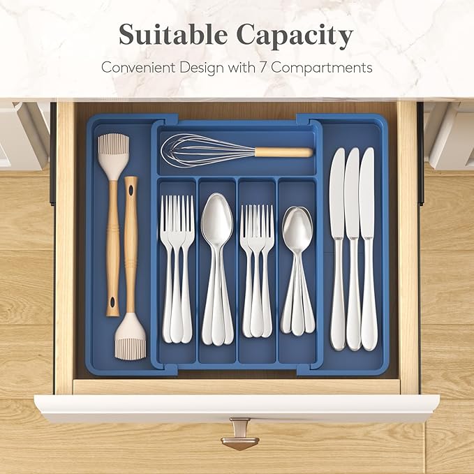 Lifewit Expandable Silverware Drawer Organizer, Kitchen Utensil Tray | BPA-free Plastic Flatware Cutlery Holder, Space-Saving Storage for Spoons Forks Knives, 8.5-14 x 12 x 1.5“, Dark Blue - Image 3