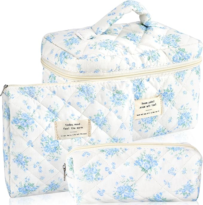 URSKYTOUS 3Pcs Cotton Quilted Makeup Bag for Women Girls Large Small Travel Floral Cosmetic Bags Set Cute Coquette Zipper Makeup Pouch for Purse Aesthetic Cloth Flower Storage Toiletry Bag Organizer by URSKYTOUS
