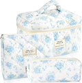 URSKYTOUS 3Pcs Cotton Quilted Makeup Bag for Women Girls Large Small Travel Floral Cosmetic Bags Set Cute Coquette Zipper Makeup Pouch for Purse Aesthetic Cloth Flower Storage Toiletry Bag Organizer by URSKYTOUS
