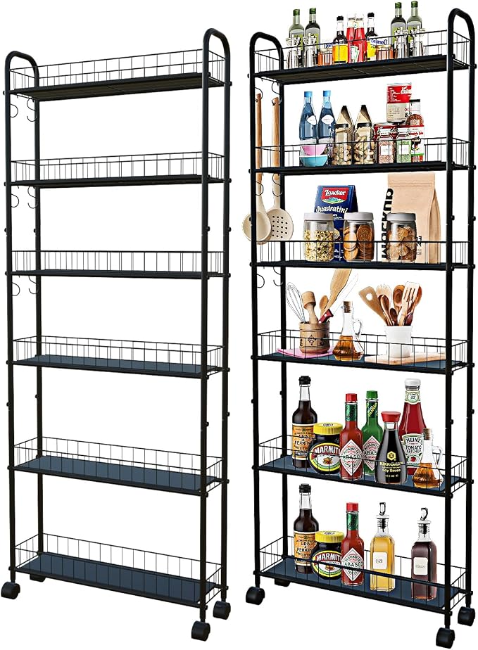 6 Tier Slim Rolling Storage Cart, Mobile Shelving Unit with Wheels, Metal Wire Storage Rack with Baskets for Kitchen Bathroom Office Laundry Narrow Piaces (6in Slim Rolling Cart) by Seadasyoon