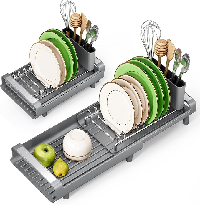 TOOLF Small Dish Drying Rack, Expandable and Space-Saving, Gray | Mini Dish racks for kitchen counter, Compact Design Fits Sink or Counter, Stainless Steel Plate Rack, 11"-19.3"L×7.7"W×3.54"H by TOOLF
