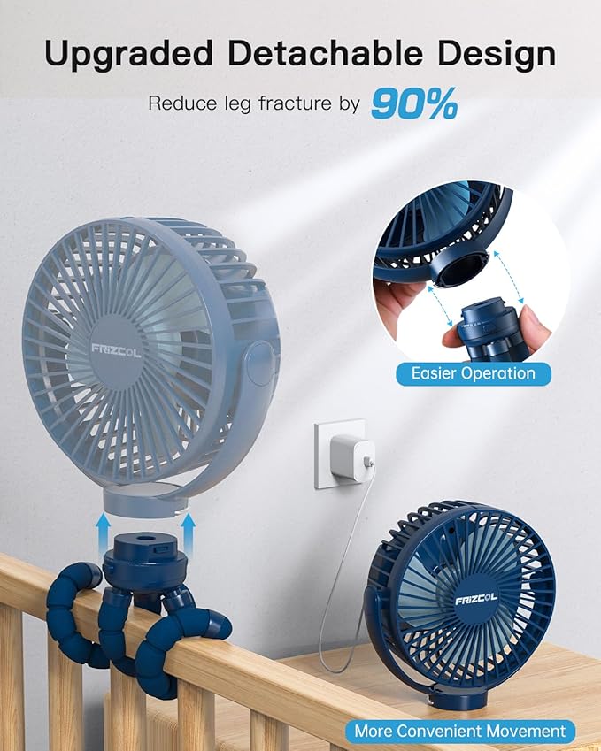 FRIZCOL 12000mAh Portable Stroller Fan, Use As Power Bank, 65H Battery Operated Fan Flexible Tripod Clip On Fans, Detachable Personal Handheld Baby Fans for Stroller, Car seat, Desk, Treadmill (Blue) - Image 3