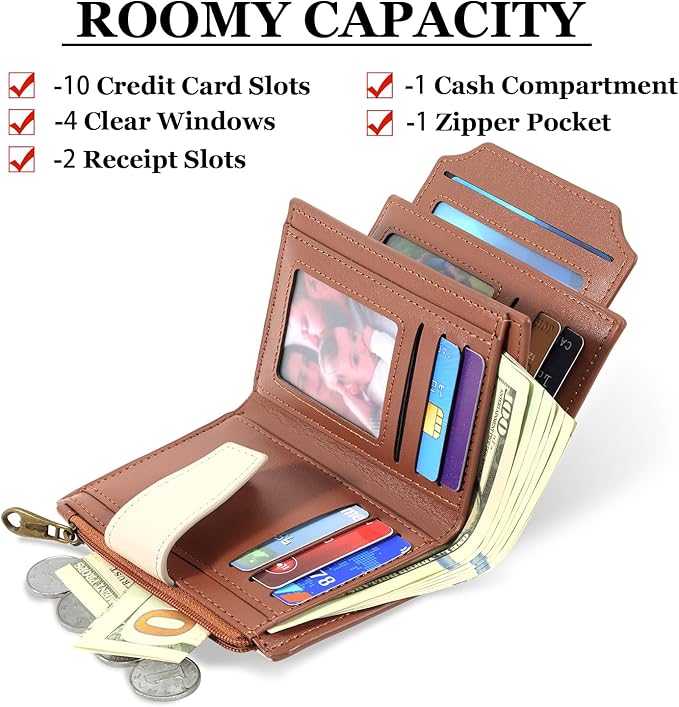Small Wallet Women RFID Blocking Soft Leather Bifold Compact Card Holder Wallet for Women with Zipper Coin Pocket 4 ID Window - Image 2