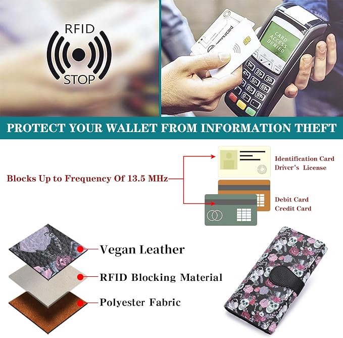 GOIACII Women's Wallet RFID Blocking Large Capacity Card Holder Ladies Phone Clutch Travel Long Purse Skull Goth - Image 4