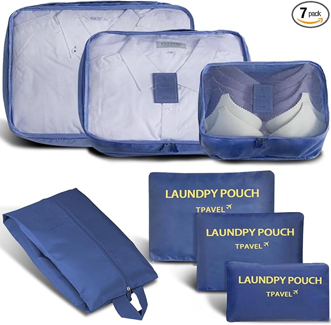 INVODA 7 piece Multi-size Packing Cubes for Travel Suitcase Organizer Bags Lightweight Travel Bags (Navy Blue) by INVODA