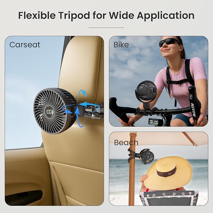 Coohea Portable Stroller Fan, 25H Long-lasting, 4 Speed, Night Light, Black | 4000mAh Rechargeable Battery Powered Fan, Head Detachable 360° Rotate Mini Fan, Easy to Wrap for Car Seat Crib Bike Treadmill - Image 7