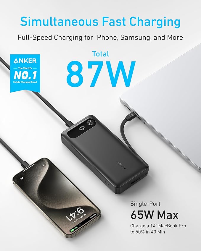 Anker Power Bank, 20,000mAh Travel Essential, Built-in USB-C Cable(White) | 3-Port 87W Max Fast Charging Battery Pack, for MacBook, iPhone 16 / 15 Series, Samsung, Switch, and More - Image 2