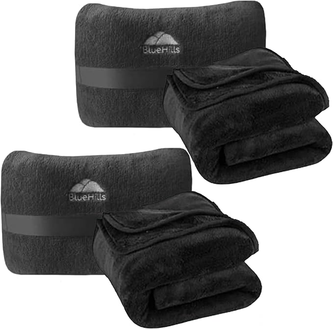 BlueHills 2-Pack Mini Premium Soft Plush Travel Blanket Pillows Combo Black | Airplane Essentials, Bag with Hand Luggage Strap, Backpack Clip Accessories, Compact Portable Pouch, Long Flight Blankets by BlueHills