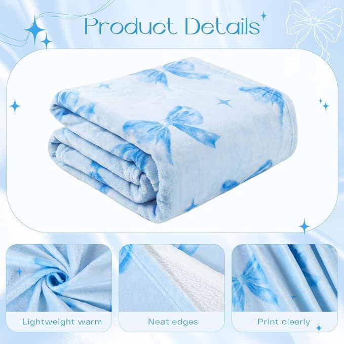 Pink Blue Bow Travel Blanket Airplane and Pillow Compact 2 in 1 Soft Fleece Travel Blanket and Pillow Set with Luggage Sleeve Backpack Clip Compact Airplane Essentials Gifts, 40"x60"(Blue) - Image 3