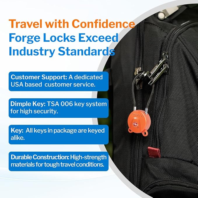 Forge TSA Approved Luggage Locks Ultra-Secure Dimple Key Cable Locks for Travel with Zinc Alloy Body- 2 Orange Locks - Image 5