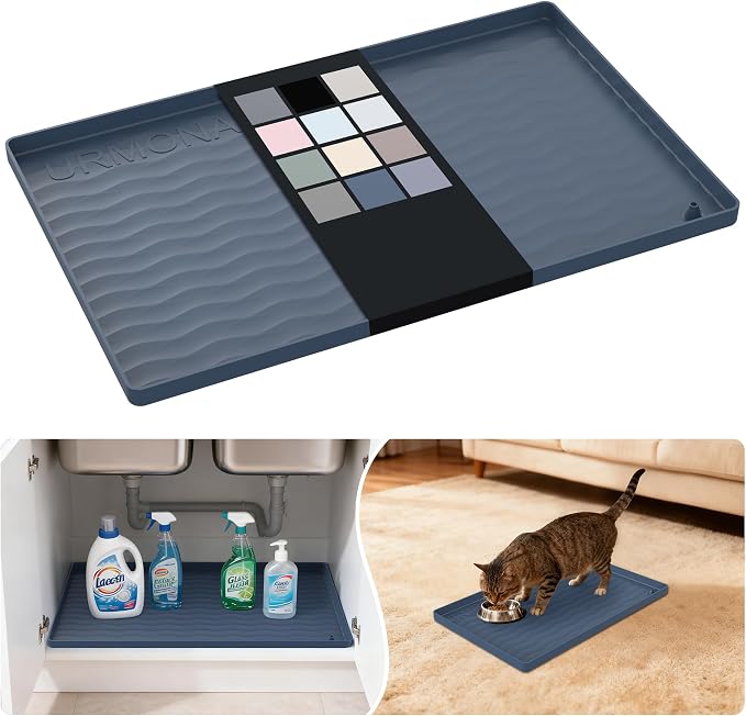 URMONA Waterproof Silicone Under Sink Mat 25'' x 22'' Shelf Liner for Kitchen and Bathroom, Cabinet and Counter Protector, Storage and Organizers, Litter Mat, Pet Cat Puppy Essentials(Dark Grey) by URMONA