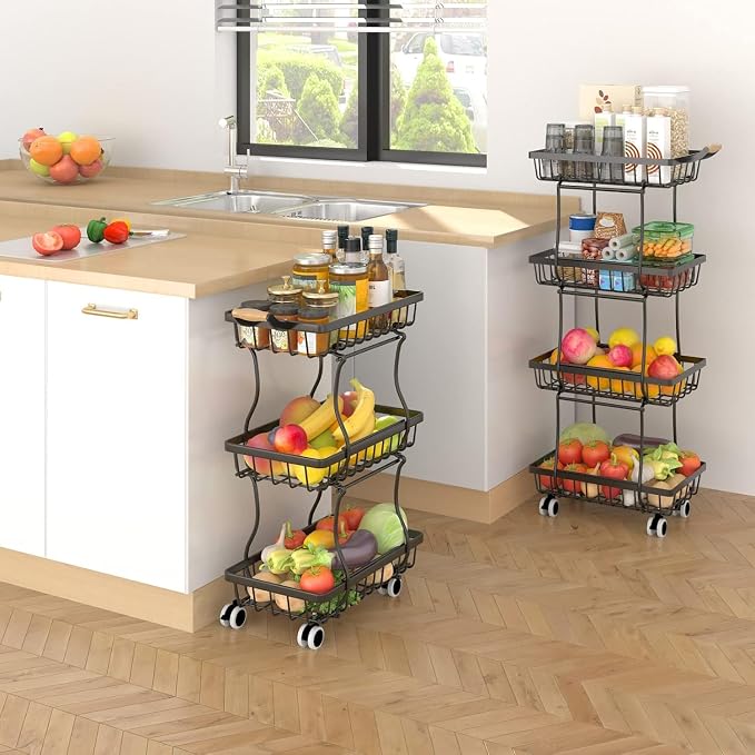 Stackable Fruit Vegetable Basket 4 Tier Kitchen Storage Rolling Cart | metal frame, 9.4“ width for small ppace, easy assembly, veggie rack for potato onion produce apple banana, move smoothly - Image 7