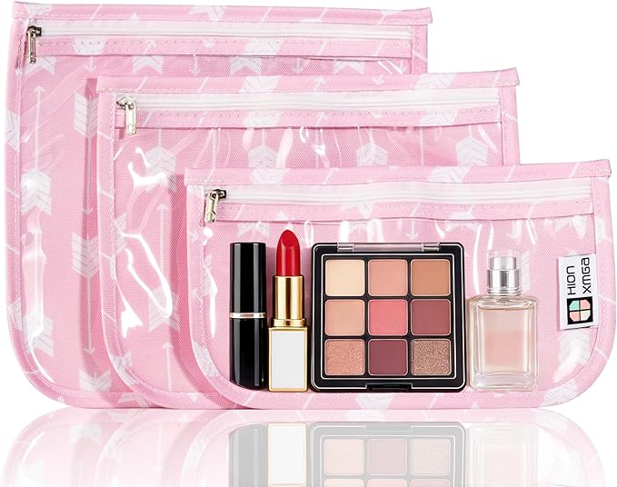 HIONXMGA Set of 3 Clear Travel Toiletry Bag, TSA Approved, Quart Size S/M/L | Clear Front Zipper Pouches Waterproof Cosmetics Bags for Women Kids Toiletries Baby Essentials Well-Organized Carry, Arrow B by HIONXMGA