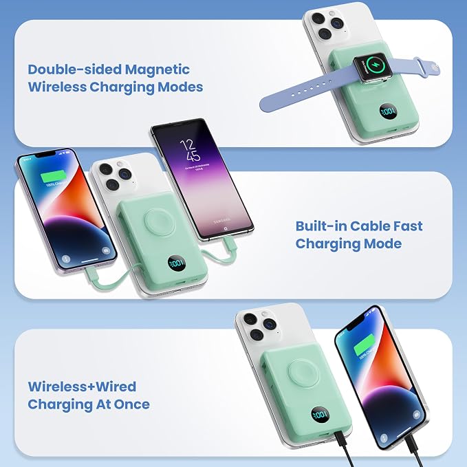 Magnetic Portable Charger 10800mAh with Built-in Cables,Wireless Power Bank for Magsafe,25W PD Fast Charging USB-C Travel Essentials Battery Pack for iPhone 17/16/15/14/13/12 Series,Apple Watch-Green - Image 3