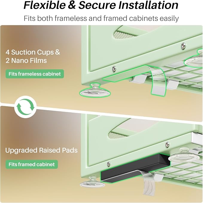 Under Sink Organizer, 1-Pack Pull Out Cabinet Organizer 2 Tier Metal Slide Out Storage Shelf Rack, L-Shaped Adjustable Height,Mesh Sliding Drawer for Kitchen, Bathroom, Laundry, Pantry, Green, XL - Image 7
