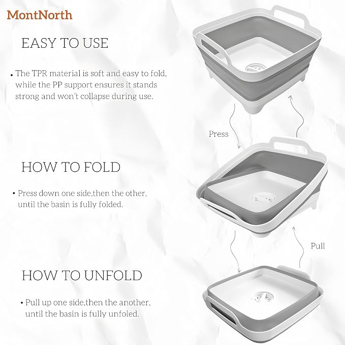 MontNorth Collapsible Wash Basin 9L, Foldable Dish Tub with Drain Plug, Portable Collapsible Dish Basin, Camping Sink for Washing Dishes, Laundry & Kitchen Use,Gray - Image 3