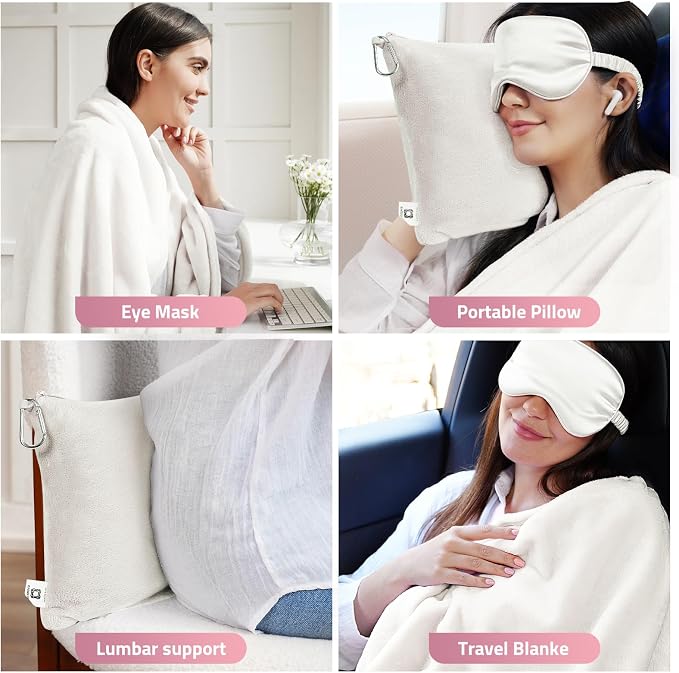 Travel Blanket, Airplane Blanket, Ultra-Soft, Warm & Lightweight, 65x40 in, Outdoor Blanket Essentials for Women, Men & Kids, Included Eye Mask, Luggage Sleeve & Backpack Clip Regular Cream - Image 5
