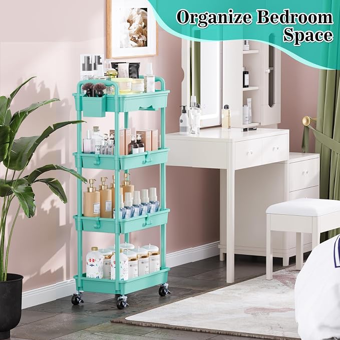 SUNALLY 4 Tier Rolling Cart with Drawer, Craft Storage Cart Organizer, Blue | Bathroom Storage Organizer with 2 Lockable Wheels, Rolling Utility Cart for Kitchen, Office, Baby, Makeup, Nail,Snack,Laundry - Image 7