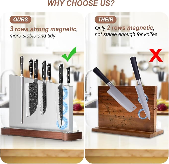 Magnetic Knife Block Without Knives Large Double Side Magnetic Knife Holder Stand with Strong Magnet, Stainless Steel Knife Storage Organizer for Kitchen Counter Knife Rack Three Magnet Strip - Image 3