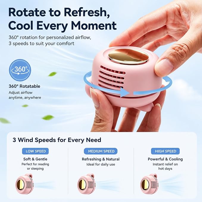 Portable Clip-on Fan Silent Bladeless Mini Fan | 360°Rotation 3-speed Modes Whirlwind Waist Clips Fans Hands-Free Cooling Fan Outdoor Trip Work Travel Pink - Image 2