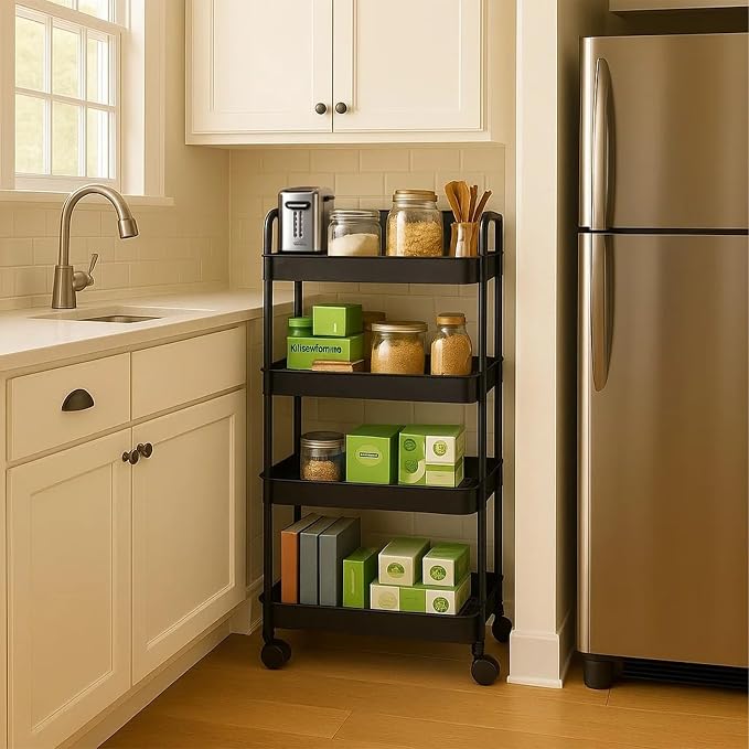 ShellKingdom 4 Tier Bathroom Storage Organizer, Slim Rolling Storage Cart | Storage Shelf for Narrow Space with Handle, Mobile Shelving Unit for Bathroom, Kitchen, Laundry (Black) - Image 3