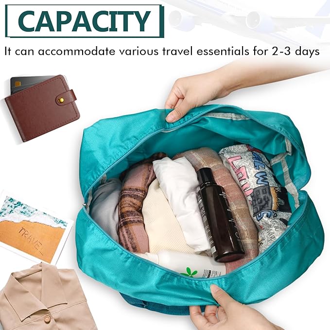 INVODA Travel Bag Lightweight Foldable Travel Duffel Bag Waterproof Sports Gym Bag Tote Carry On Luggage Bag Weekender Overnight Bag (Green+Blue) - Image 9