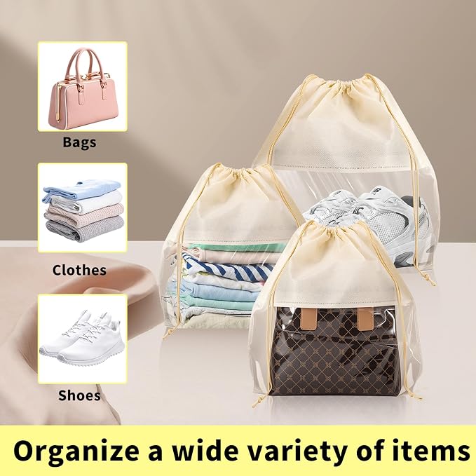 12 Pcs Shoe Bags for Travel, Beige Dust Bags for Handbags, 4 Size | Dustproof Drawstring Bags, Breathable Non Woven Fabric Storage Bag for Handbags Shoes Purses - Image 5