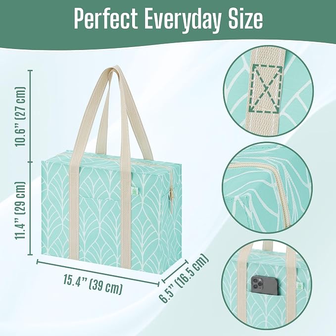 VENO 2 Pack Utility Tote Reusable Grocery Bags with Zipper & Hard Bottom | Heavy Duty Foldable Water-Resistant Shopping Bags for Summer Beach, Pool, Picnic & Travel Carry-on (Evergreen, 2 Pack) - Image 3