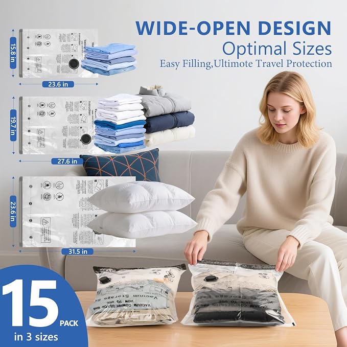 15 Pack Travel Vacuum Bags for Clothing with Rechargeable Wireless air Pump | Compression Packing Bags for Luggage Suitcase,Carry-on Size Space Saver Vacuum Storage Bags - Image 3