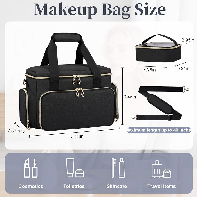 GDNasist Large Makeup Bag, Portable Travel Makeup Bag Organizer | Cosmetic Travel Bag for Women Girls with 2 Removable Pouches & Detachable Dividers, Toiletry Bag for Makeup and Hair Supplies - Image 4