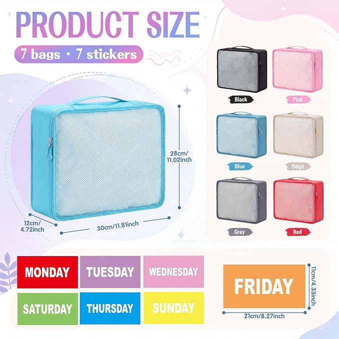 Woanger 7 Pcs Packing Cubes for Travel Days of Week Packing Cubes with Labels Zippered Camping Bag for Summer Camp Essentials - Image 2
