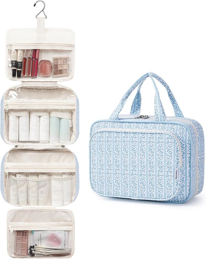 Narwey Travel Toiletry Bag for Women Large Hanging Makeup Bag Organizer Toiletries Bag for Full Size Essentials Accessories Cosmetics (Blue Flower Buds (Large)) - Image 4