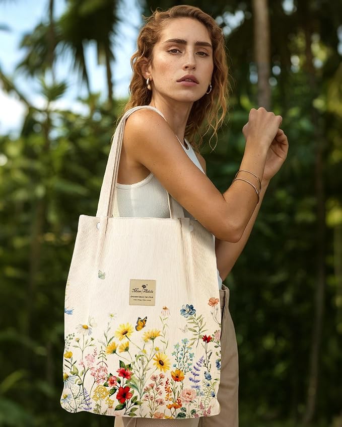 Miss Adola Corduroy Tote Bag for Women with Aesthetic Design | Magnetic Buckle & Pocket, Reusable, Soft, Roomy, Long Shoulder Handles, Double-sided Print, Casual Daily Work, Grocery Bags - Image 3