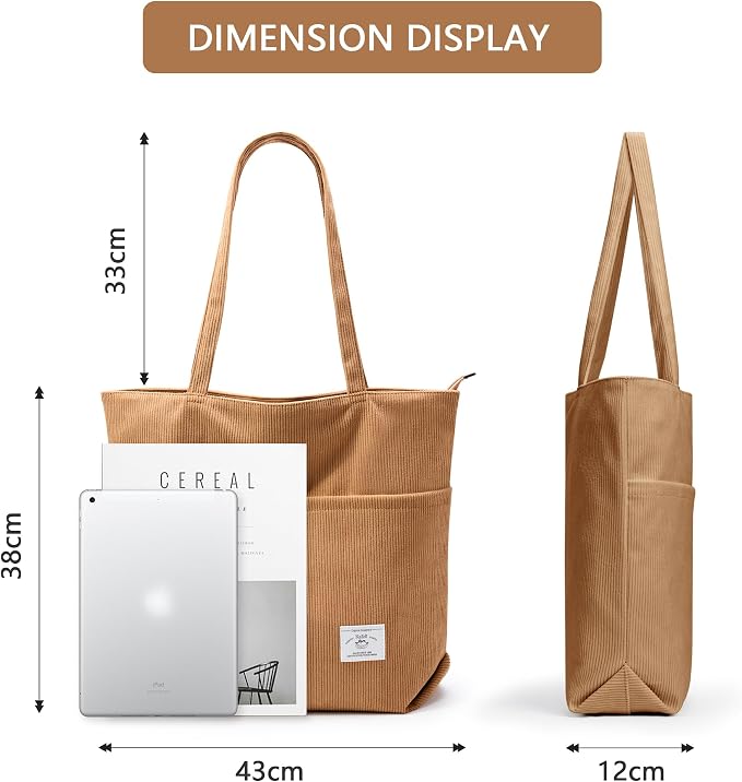 KALIDI Women Corduroy Tote Bag Zipper Casual Tote's Handbag Big Capacity Shoulder Bag with Pockets - Image 6