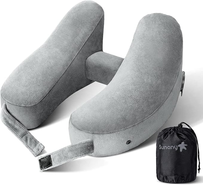 Sunany Travel Neck Pillow for Airplane Pillow Comfortably Supports Head, Neck and Chin, Inflatable Travel Pillow with Soft Velour Cover and Portable Drawstring Bag (Grey, H-Shape) by Sunany
